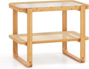 Bočný stolík s 2 úrovňami, bočný obdĺžnikový konferenčný stolík so sklenenou doskou a ratanovou poličkou, nočný stolík s bambusovým rámom do spálne a obývačky (prírodný)