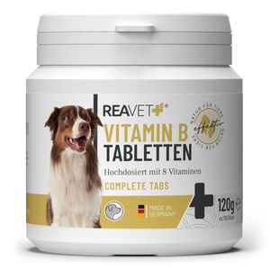 REAVET Vitamin B Komplex Hund 120 Tabs – Hochdosiert mit Vitamin B1, B2, B3, B5, B6, B7, B9, B12, Biotin und Folsäure für schönes Fell, Starke Nerven und Vitalität