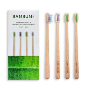 BAMBUMI Bambus Zahnbürsten, Umweltfreundliche Holzzahnbürsten - BPA frei, Nachhaltige Produkte, Biologisch abbaubare Handzahnbürsten (4er-Set grün/blau)