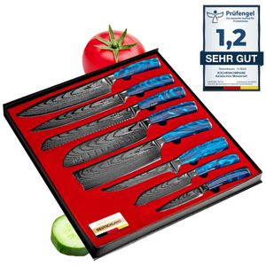 Asiatisches Edelstahl Messerset Shiburu - 8-teiliges Küchenmesser Set - Kochmesser im Damast Design mit Epoxidharz Griff inkl. Geschenkbox - rostfrei & scharf - Designed in Germany