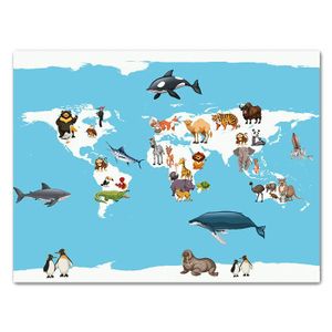 Leinwandbild Weltkarte, Querformat, Kinder Landkarte, Tiere M0311 – Groß - (80x60cm)