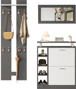 Wandgarderoben-Set,1Spiegel,2 Wandpaneelen,1Regalwand,1 Schuhschrank,Korpus anthrazitgrau,Flurmöbel,Flurtrockenständer,Flurgarderobe,Schuhwechsler-Set