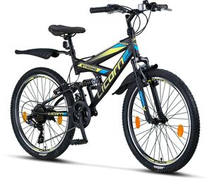 Licorne Bike Strong V Premium Mountainbike in 24 und 26 Zoll - Fahrrad für Jungen, Mädchen, Damen und Herren - Shimano 21 Gang-Schaltung - Vollfederung, Farbe:Schwarz/Blau/Lime, Zoll:24