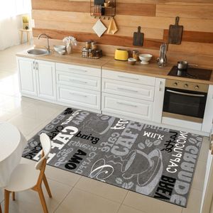 Küchenteppich Grau Trendiger Kaffee Teppich, verschiedene Schriftarten und Muster Kaffee, Maße:60x100 cm