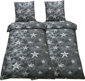 Bettwäsche 135x200 Seersucker Mikrofaser Bettbezug grau weiß Sterne, 4 tlg