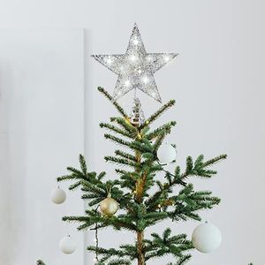 Christbaumspitze Weihnachtsbaum Topper Glitzer Stern mit LED Lichterkette Batteriebetrieben, Silber