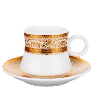 Türkisches Mokkatassen Set | Mokkatassen | Espressotassen | Kaffeetassen | mit Untertasse | 12 teilig | Gold/Weiß | orientalische Verziehrung
