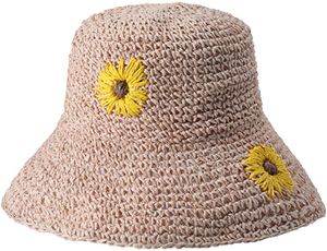 Damen Sonnenhut Faltbar Sommer Strohhut Breite Krempe Strandhut UV Schutz Outdoorhut mit Sonnenblume