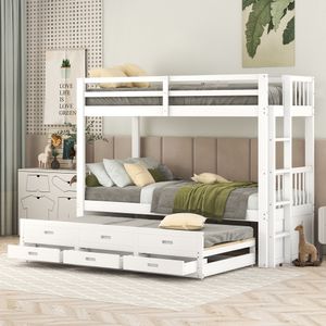 Flieks podkrovní postel s výsuvným lůžkem a 3 zásuvkami, patrová postel 90x200 cm s ochranou proti vypadnutí a lamelovým roštem, dětská postel, masivní dřevěná postel, bílá