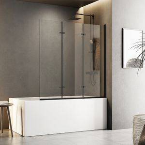 Meykoers Duschabtrennung 120x140cm Dreifalten Faltwand für Badewanne, Mattschwarz Rahmen Duschwand Badewannenaufsatz mit 6mm Nano Easy Clean Glas