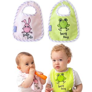 Milk&Moo Chancin und Cacha Frog Baby Lätzchen Set 2 Stück, Kleinkind Lätzchen mit Klettverschluss für Jungen und Mädchen, Schadstofffrei, Waschbar, 30 x 22 cm, rosa-grün