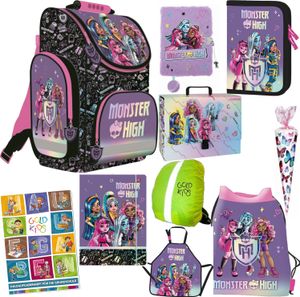 Schulranzen für Jungen und Mädchen - Schul-Rucksack für Kinder mit Federmäppchen - Schuhbeutel und Hausaufgabenheft - Monster High Motiv