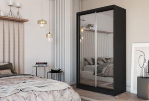 Moderner Kleiderschrank Schwebetürenschrank Schwarz mit Spiegel 120 150 180 200 cm - Schwarzes Matt Kleiderschrank für Schlafzimmer mit Schiebetüren - Kleiderstange - 120 cm - Schwarz