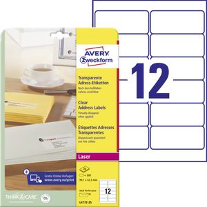 Avery Zweckform L4772-25 Adress-Etiketten, A4, 99,1 x 42,3 mm, 25 Bogen/300 Etiketten, transparent