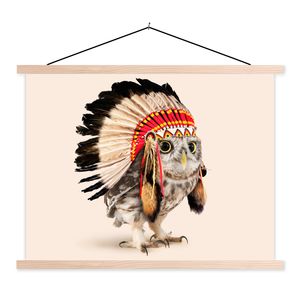 MuchoWow® Textilposter Eule - Indianer - Federn - Tiere 40x30 cm mit holzfarbenen Rahmen - Bilder