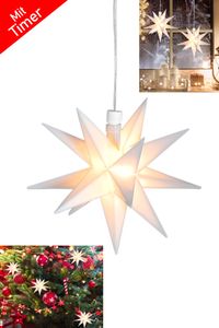 LED 3D Leuchtstern zum hängen -  Ø12cm - Weihnachtsstern beleuchtet Fenster Deko Advent Stern - mit Batterie und Timer Weiß