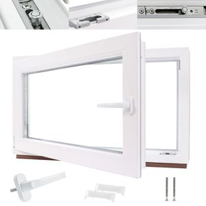 Kellerfenster Kunststofffenster weiß, BxH: 50 x 40 cm / 500 x 400 mm 2-fach Verglasung (32 mm) Dreh-Kipp inkl. Pilzkopfverriegelung, DIN Rechts (Griff Links)