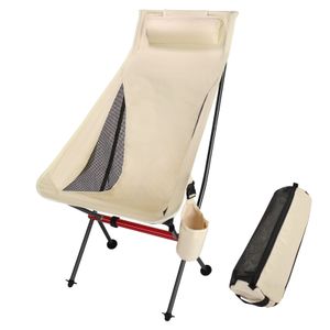 (Béžová) Outdoorová kempingová židle s vysokým opěradlem, přenosná, skládací ultralehká židle, skládací židle pro kempování, piknik, turistiku, rybaření
