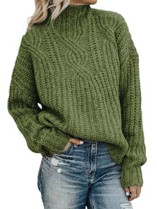 Frauen Kabelstrick-Pullover Chic Long Sleeve Sweatshirts Lässige  Feste  Farbe Gestrickte Rollkragenpullover, Farbe: Dunkelgrün, Größe: M