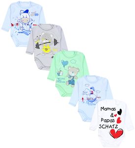 TupTam Unisex Baby Langarm-Body mit Aufdruck 5er Set, Farbe: Mamas Papas Schatz Weiß Bärchen Blau Grün, Größe: 104