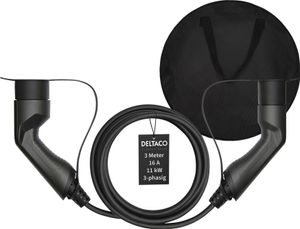 Deltaco E-Auto EV-Ladekabel + Tasche, Typ2 auf Typ2, 16 A, 11 kW, 3-phasig, 3m