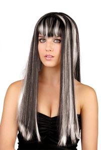 Damen Halloween-Perücke lang mit Pony schwarz-weiss