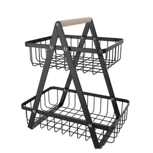 YARDIN Koš na ovoce 2 Tier Fruit Rack Fruit Tray, odnímatelný držák ovoce, s dřevěnou rukojetí Koš na chléb, konstrukce z uhlíkové oceli Koš na ovoce zeleninu chléb občerstvení, černý