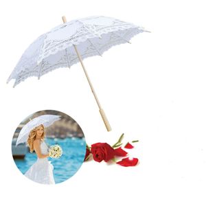 Vintage Brautschirm Weiß Spitzenschirm Hochzeitsschirm Damen Sonnenschirm mit Rüschen für Hochzeit