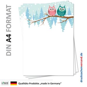 Motiv Briefpapier (Eulen-5138, DIN A4, 25 Blatt) Motivpapier Eulenpapier, grüne rote Eulen im Winter Schnee sitzend auf einem Ast tief verschneit