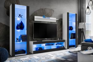 Komodee | Wohnwand Wohnzimmerset Tivoli Grande, Korpus Weiß Matt Frontfarbe Schwarz Matt, LED Blau
