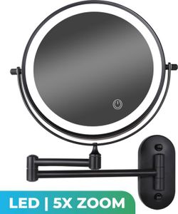 Mirlux Make-up-Spiegel mit LED-Beleuchtung - 5fache Vergrößerung - Wandspiegel rund - Rasierspiegel Wandmodell - Badezimmer - Dusche - Schwarz