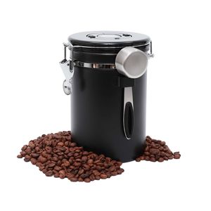 Kaffeedose, Edelstahl, Kaffeedose Luftdicht, 1.8L Kaffeebehälter, Vorratsdose, Kaffeebohnenbehälter, Kaffeebox mit Löffel, Schwarz