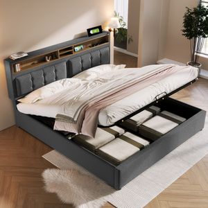 Flieks Čalúnená posteľ 140x200 cm s USB a zásuvkami, posteľ Boxspring Manželská posteľ s úložným priestorom, úložná posteľ pre mladých s lamelovým roštom, posteľná bielizeň, sivá