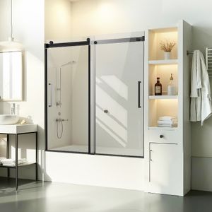 VEVOR Rahmenlose Schiebetür aus Glas für Badewanne und Dusche (1422–1524 x 1524 mm) für Schiebetüren in Badewanne, schwarzes Finish