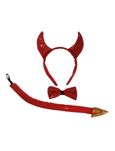 Teufel Set 3 tlg. Haarreif mit Hörnern, roter Teufelsschwanz und rote Fliege