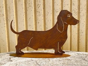 Edelrost Hund Dackel stehend 50x33cm auf Platte Edelrost Gartendeko Gartenfigur Wetterfest Rost Metall Rostfigur Hunde Figur Tier