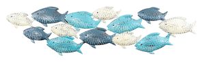 Wandskulptur Fische L74cm Wandbild Blau Grau Creme Maritim Wanddeko Metalldeko Fischschwarm Metall Deko Industrial Wandkunst Design