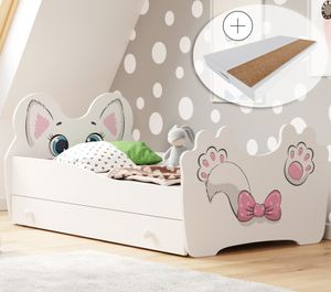 Kinderbett Jugendbett 80x160 cm mit Matratze, Schublade und Lattenrost, Motiv Katze MDF-Holz  Europe