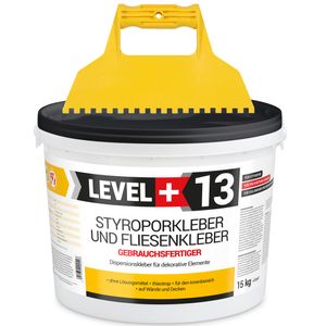 Súprava Lepidlo na polystyrén pripravené na použitie 15 kg Biele lepidlo na dekoratívne korkové obklady LEVEL+13 a plastový tmel zub 5x5 mm