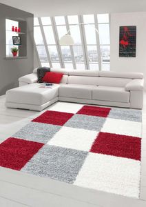Shaggy Teppich Hochflor Langflor Teppich Wohnzimmer Teppich Gemustert in Karo Design Rot Grau Cream Größe - 80x150 cm