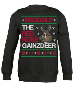Brodolf The Red Nose Gainzdeer Fitness Rentier GYM Pullover Sweatshirt, Schwarz, L, Vorne