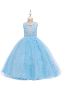 Kinder Abendkleid Durchsichtiger V-Ausschnitt, Ärmellos Blumenmädchen Kleid Mit Motive,Prinzessin Spitze Tüll Tutu Partykleid,Blau,130