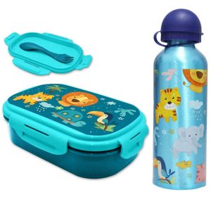 Jungle Friends 3 tlg Kinder Lunch Set Brotdose Alu Trinkflasche 500 ml Göffel – Hellblau