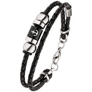 JOBO Armband Anker 2-reihig Leder geflochten mit Edelstahl 21 cm