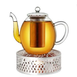 Creano Teekanne aus Glas 1,0l + ein Stövchen aus Edelstahl, 3-teilige Glasteekanne mit integriertem Edelstahl Sieb und Glasdeckel, ideal zur Zubereitung von losen Tees, tropffrei