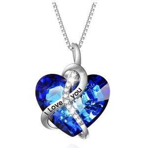 Beforya Paris Damen Halskette mit Anhänger Herz Blau "I Love You" Zirkonia mit Austrian Marken Kristall Kette 925 Sterling Silber Geschenke für Frauen