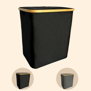 WAOHO Faltbarer Wäschekorb mit Deckel 78L Abnehmbarer Wäschesack 45cmx35cmx50cm, Aufbewahrungskorb,Faltbarer Bambus-Wäschesortierer und wasserdichtes Oxford-Tuch（Schwarz）