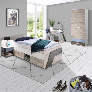 Jugendzimmer Set mit Bett 90x200 cm 4-teilig mit Kleiderschrank LEEDS-10 in Sandeiche Nb. mit weiß, Lava und Denim Blau