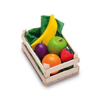 Erzi Sortiment in der Holzsteige Obst, klein, Spielzeug-Lebensmittel, Kaufladenzubehör
