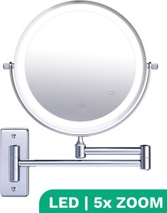 Mirlux Make-up-Spiegel mit LED Beleuchtung - 5fache Vergrößerung - Wandspiegel Rund - Rasierspiegel Wandmodell - Badezimmer - Dusche - Chrom